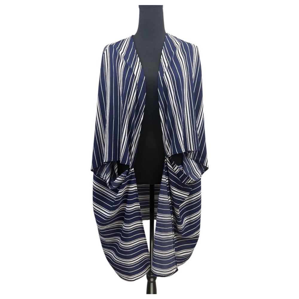 Amaryllis Blue White Stripe Short Wide Sleeve Kimono Sz 2X Boho‎ Beachy Flowy